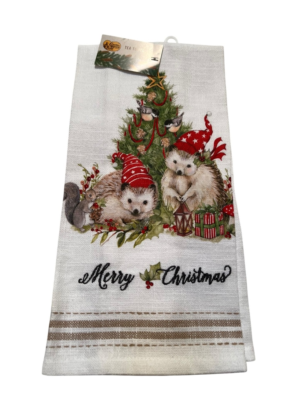 Cracker Barrel Tea Towel Christmas Hedgehogs Squirrel Woodland 16”x26” Cotton